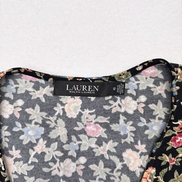 Lauren Ralph Lauren Dress Size 12 Black Floral Tiered Faux Wrap Cocktail Flutter - Picture 6 of 9